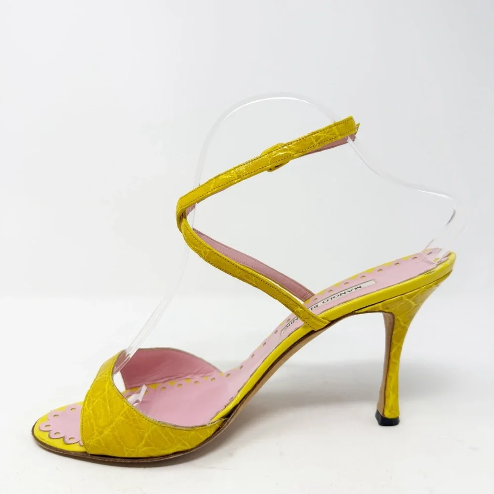 Manolo Blahnik Yellow Croc Embossed Strappy Sandals Pink Trim Womens Size EU 40